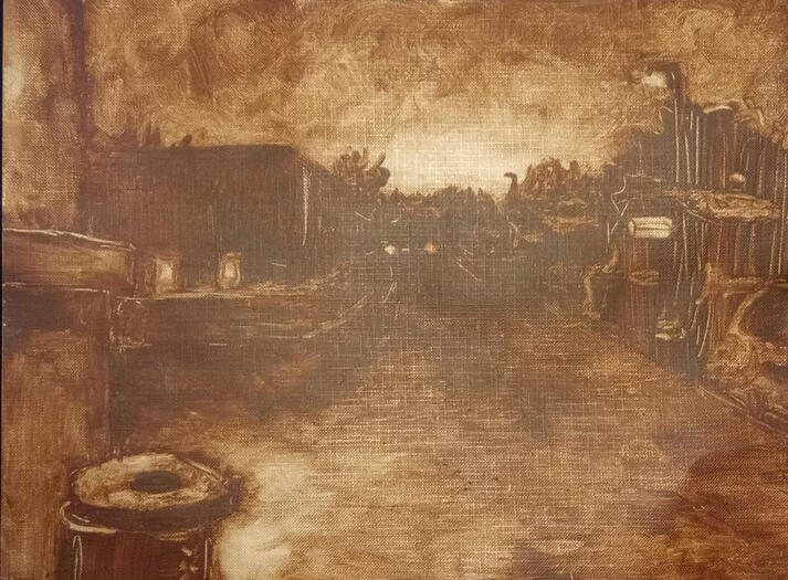 "School at Night", acrylic rubout on canvas paper
